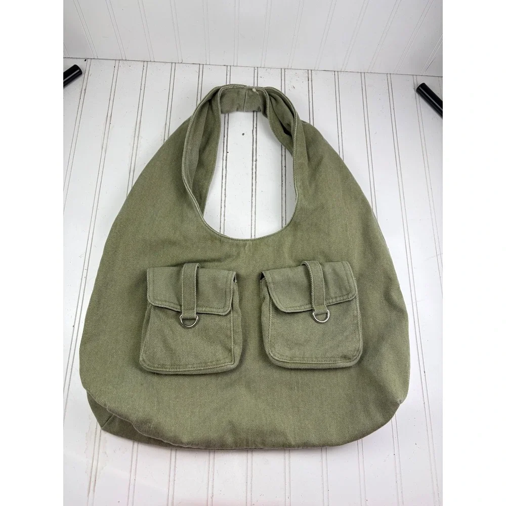 Olive Green Canvas Slouchy Utility Pocket Hobo Everyday Shoulder Bag Purse